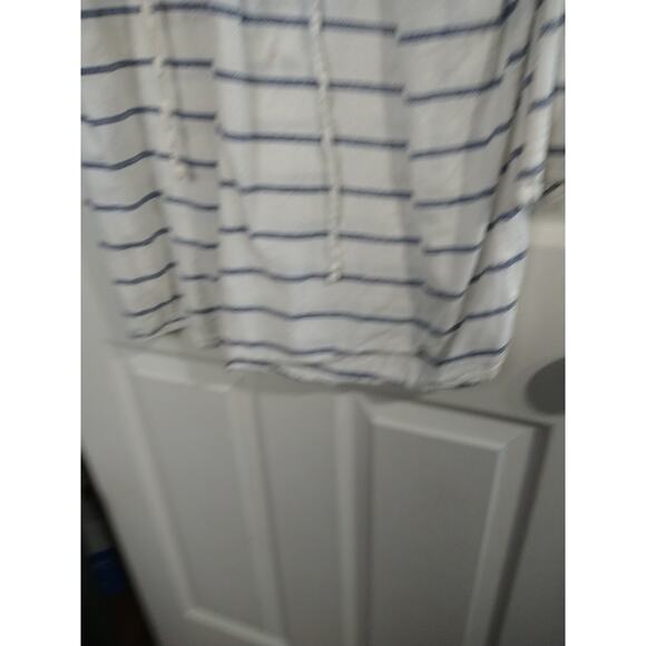 Sunday Woman 1X Blouse Pullover V Lace Neckline Blue White Striped Linen Blend - Picture 7 of 11